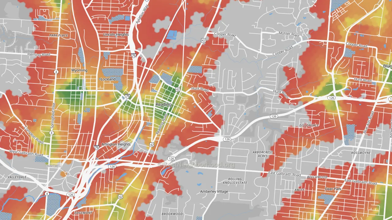 Walk Grade map of Reading, OH, walkable areas in green and car-dependent areas in red