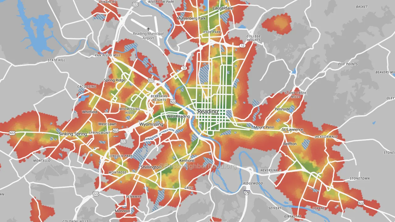 Walk Grade map of Reading, PA, walkable areas in green and car-dependent areas in red