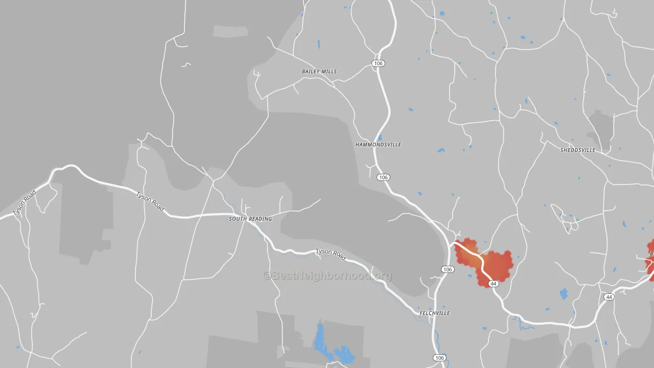 Walk Grade map of Reading, VT, walkable areas in green and car-dependent areas in red