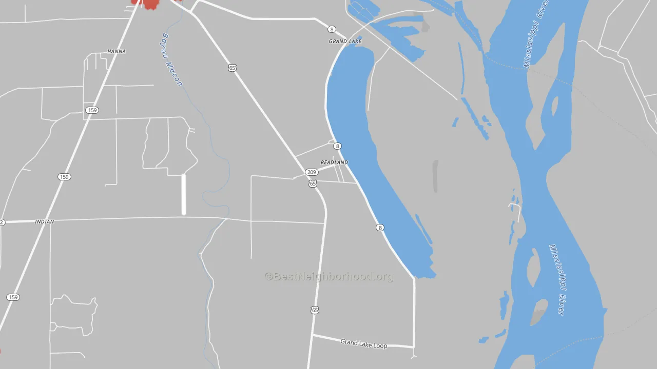 Walk Grade map of Readland, AR, walkable areas in green and car-dependent areas in red