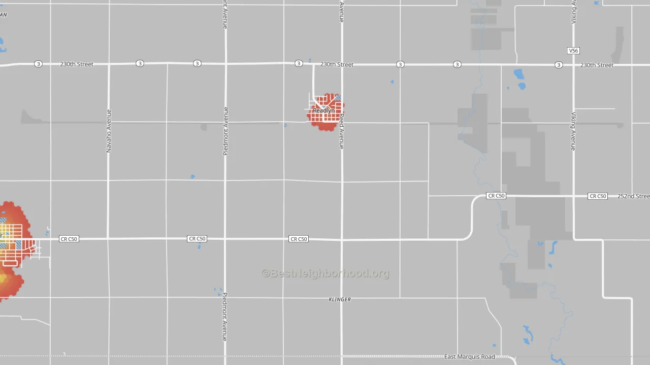 Walk Grade map of Readlyn, IA, walkable areas in green and car-dependent areas in red