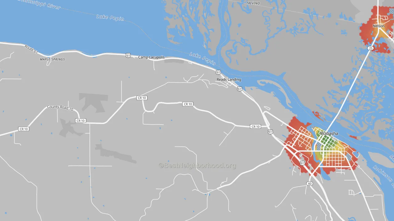 Walk Grade map of Reads Landing, MN, walkable areas in green and car-dependent areas in red
