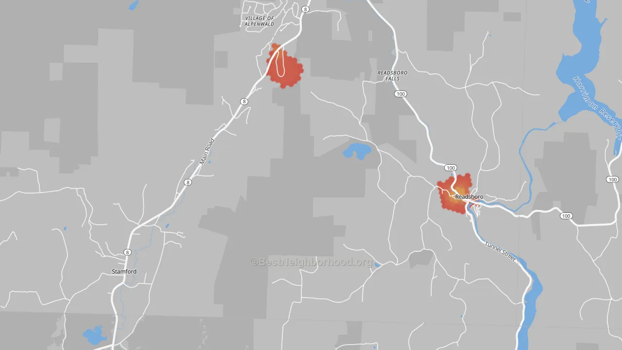 Walk Grade map of Readsboro, VT, walkable areas in green and car-dependent areas in red
