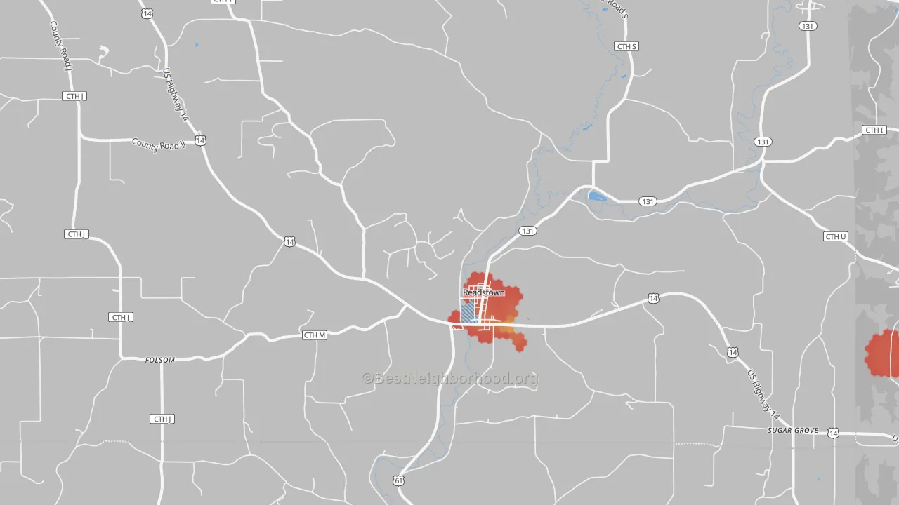 Walk Grade map of Readstown, WI, walkable areas in green and car-dependent areas in red