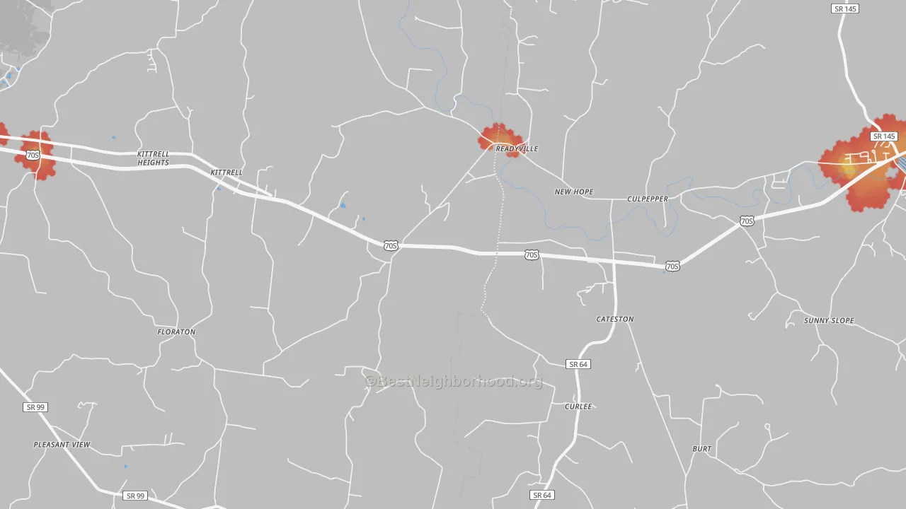 Walk Grade map of Readyville, TN, walkable areas in green and car-dependent areas in red