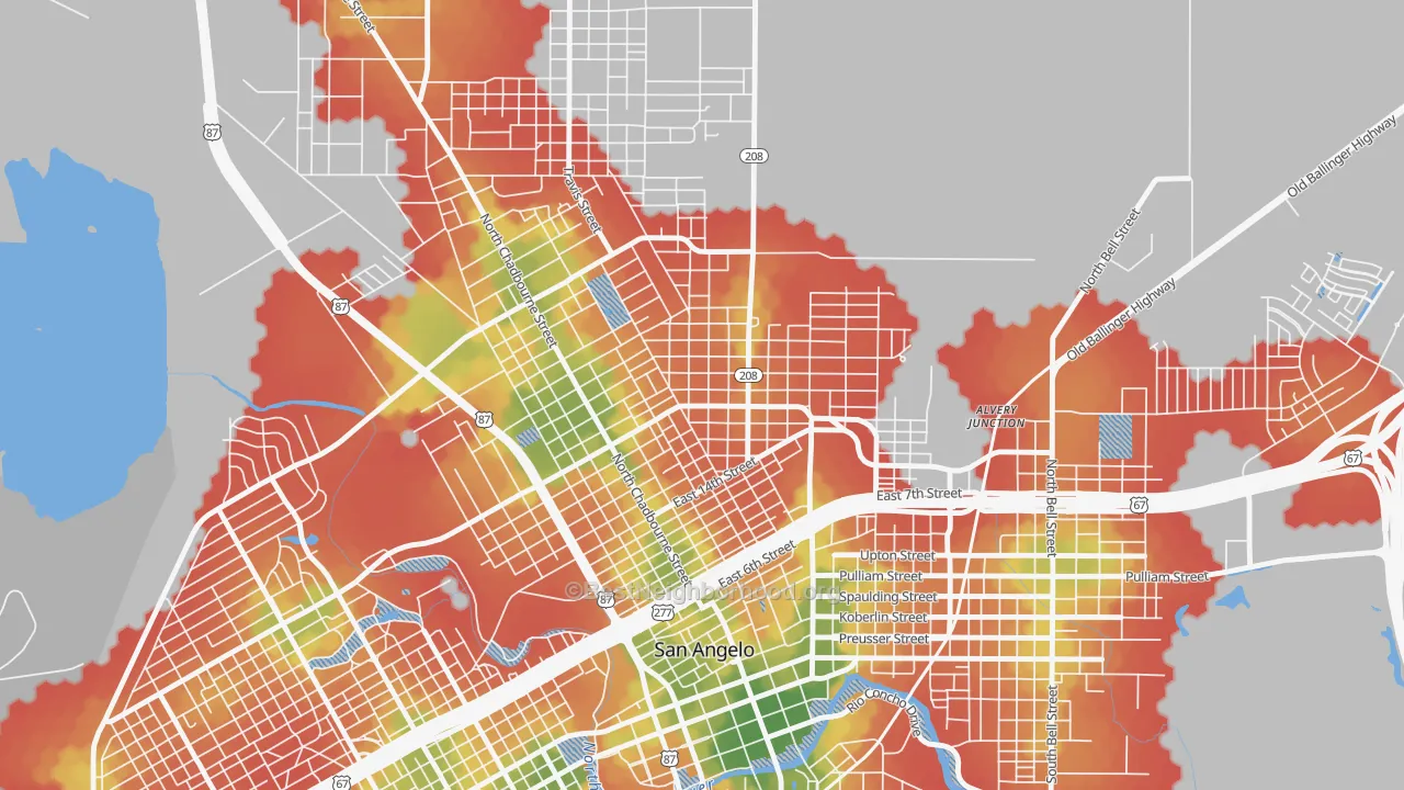 Walk Grade map of Reagan, San Angelo, TX, walkable areas in green and car-dependent areas in red