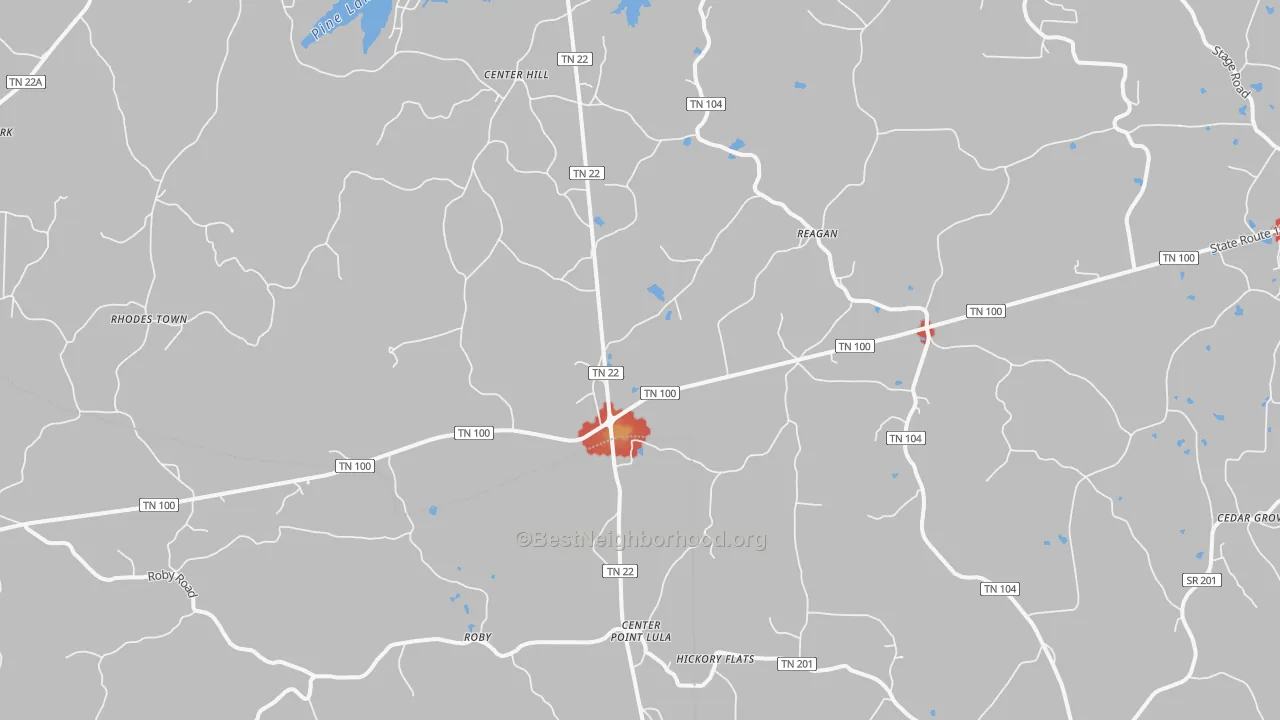 Walk Grade map of Reagan, TN, walkable areas in green and car-dependent areas in red