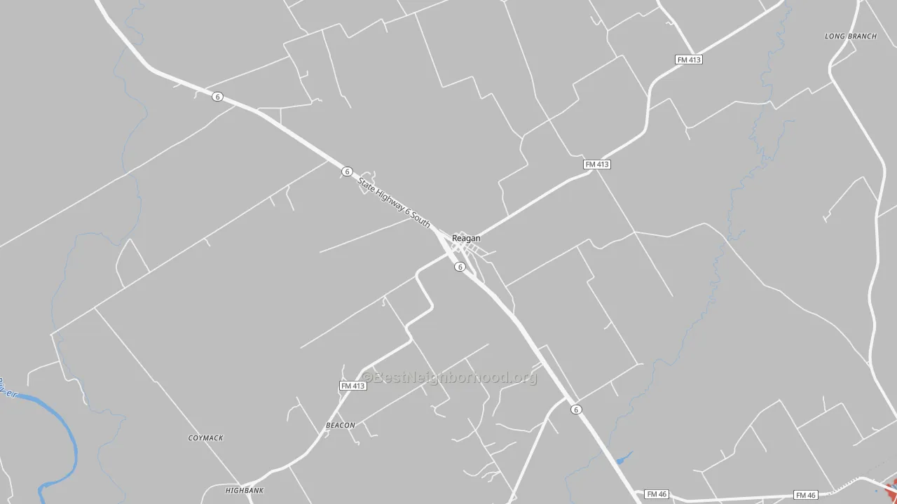 Walk Grade map of Reagan, TX, walkable areas in green and car-dependent areas in red
