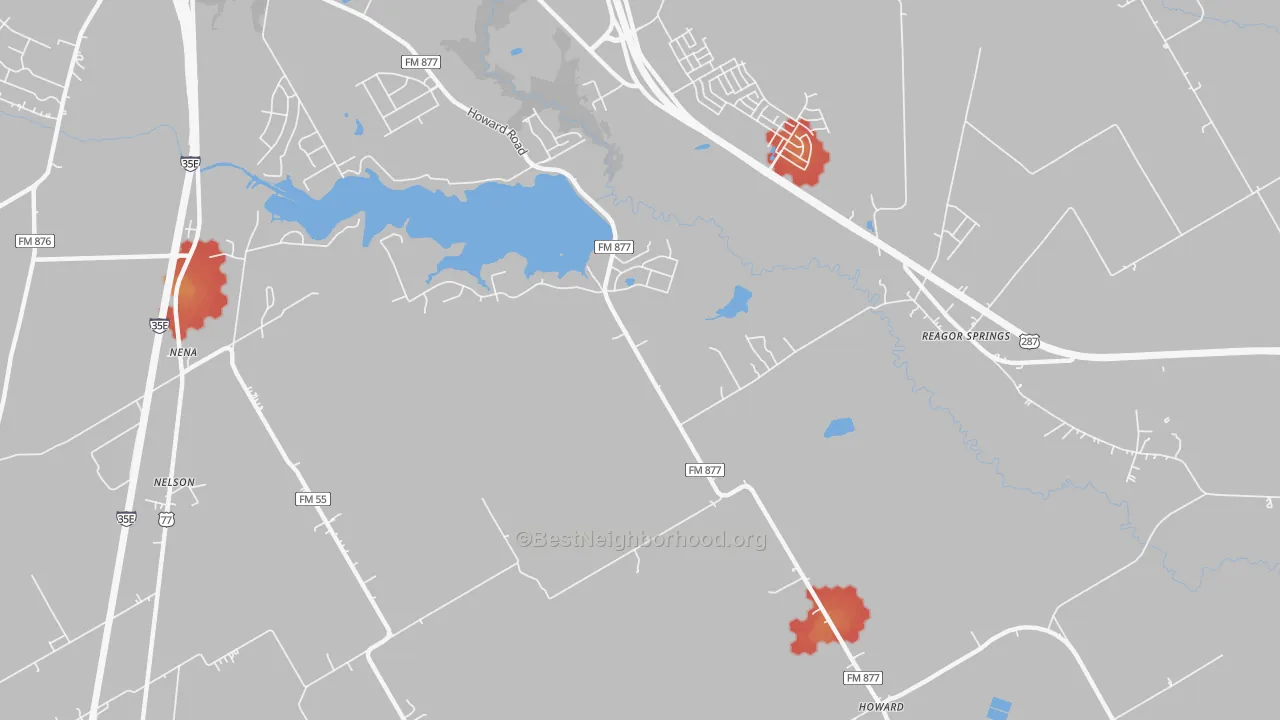 Walk Grade map of Reagor Springs, TX, walkable areas in green and car-dependent areas in red