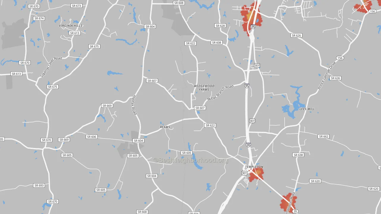 Walk Grade map of Reams, VA, walkable areas in green and car-dependent areas in red