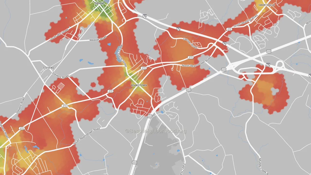 Walk Grade map of Reamstown, PA, walkable areas in green and car-dependent areas in red
