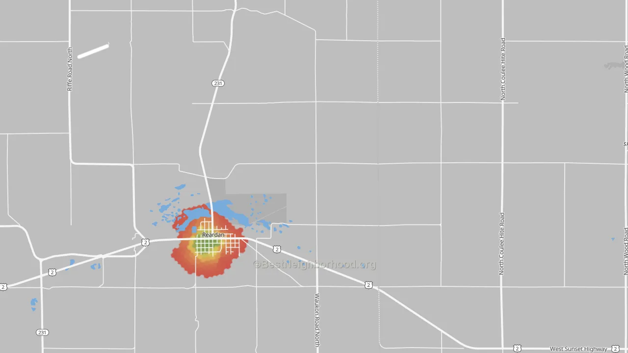 Walk Grade map of Reardan, WA, walkable areas in green and car-dependent areas in red