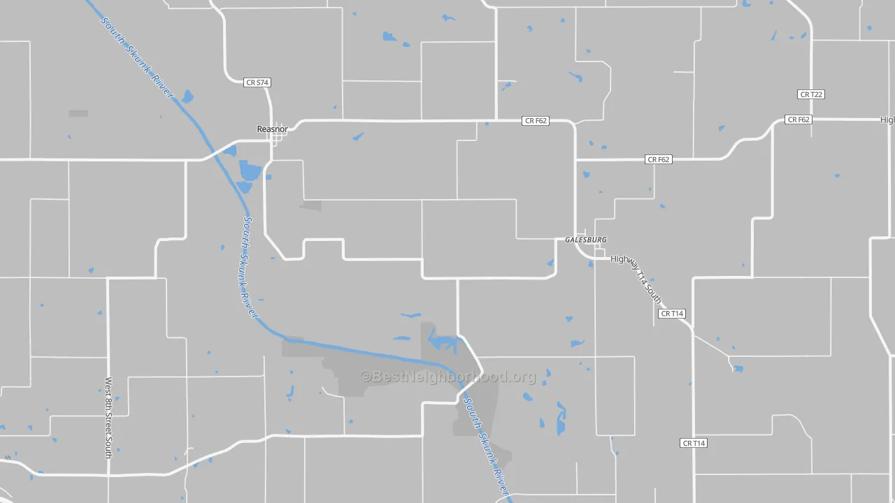 Walk Grade map of Reasnor, IA, walkable areas in green and car-dependent areas in red