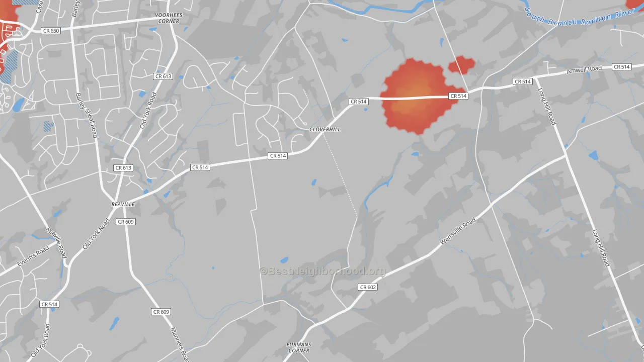 Walk Grade map of Reaville, NJ, walkable areas in green and car-dependent areas in red