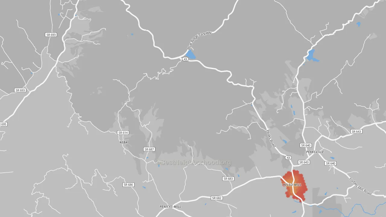 Walk Grade map of Reba, VA, walkable areas in green and car-dependent areas in red