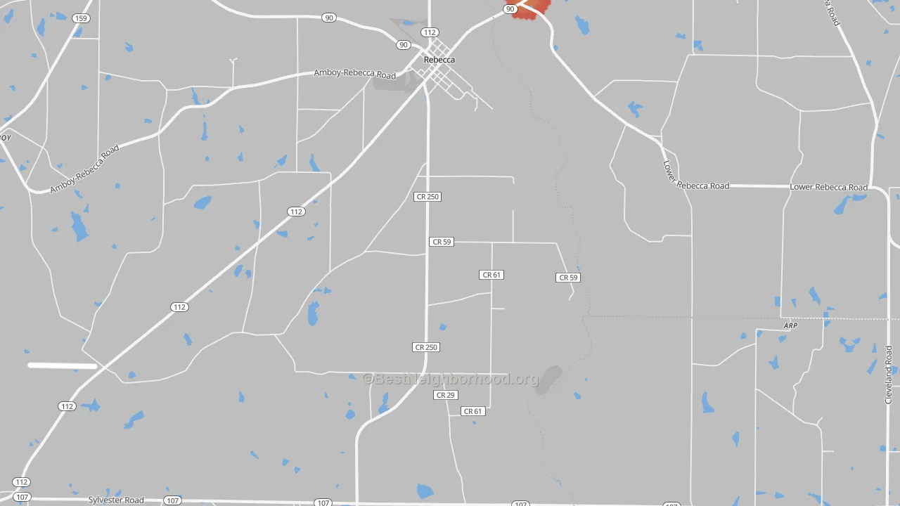 Walk Grade map of Rebecca, GA, walkable areas in green and car-dependent areas in red