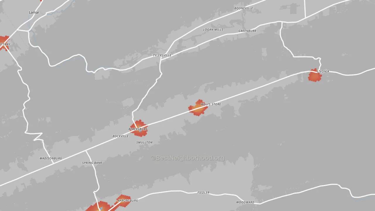 Walk Grade map of Rebersburg, PA, walkable areas in green and car-dependent areas in red