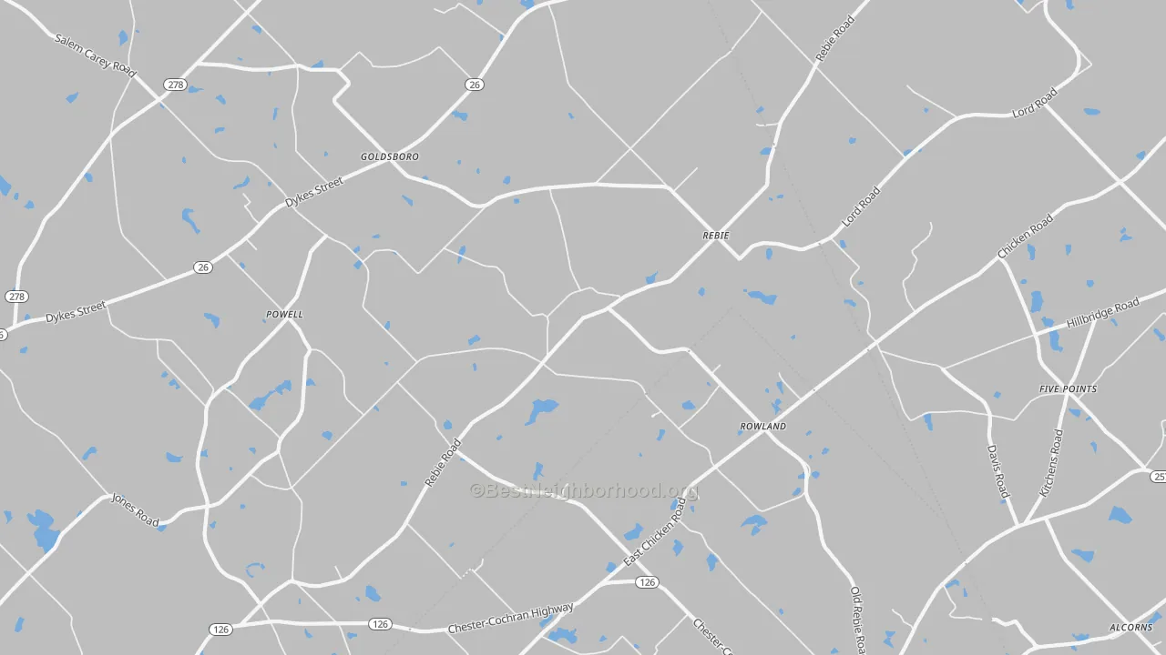 Walk Grade map of Rebie, GA, walkable areas in green and car-dependent areas in red
