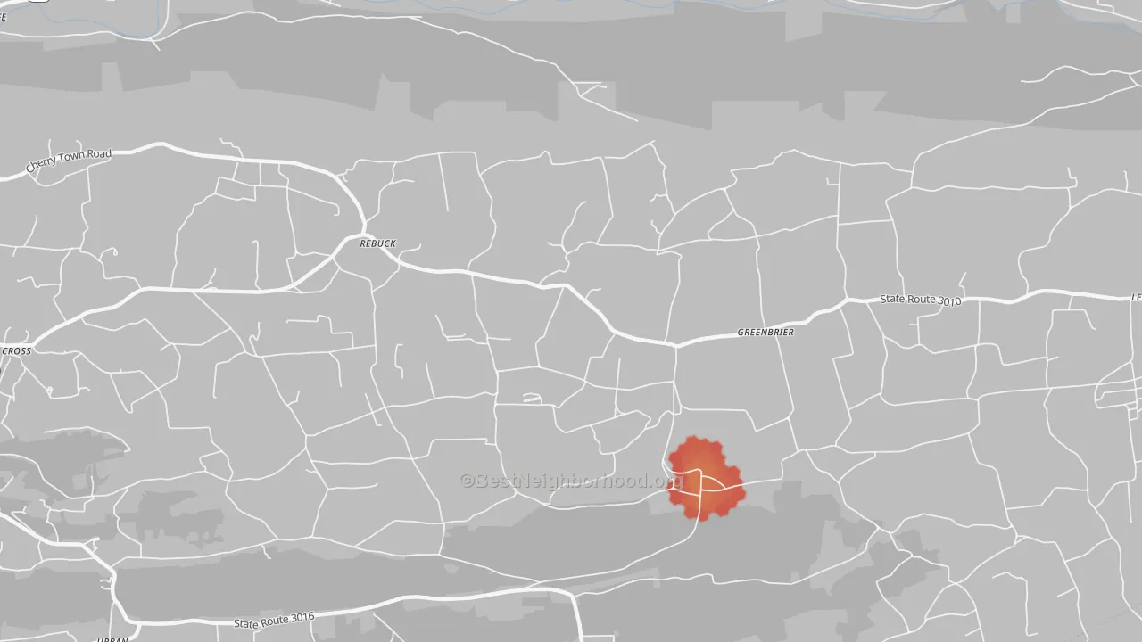 Walk Grade map of Rebuck, PA, walkable areas in green and car-dependent areas in red