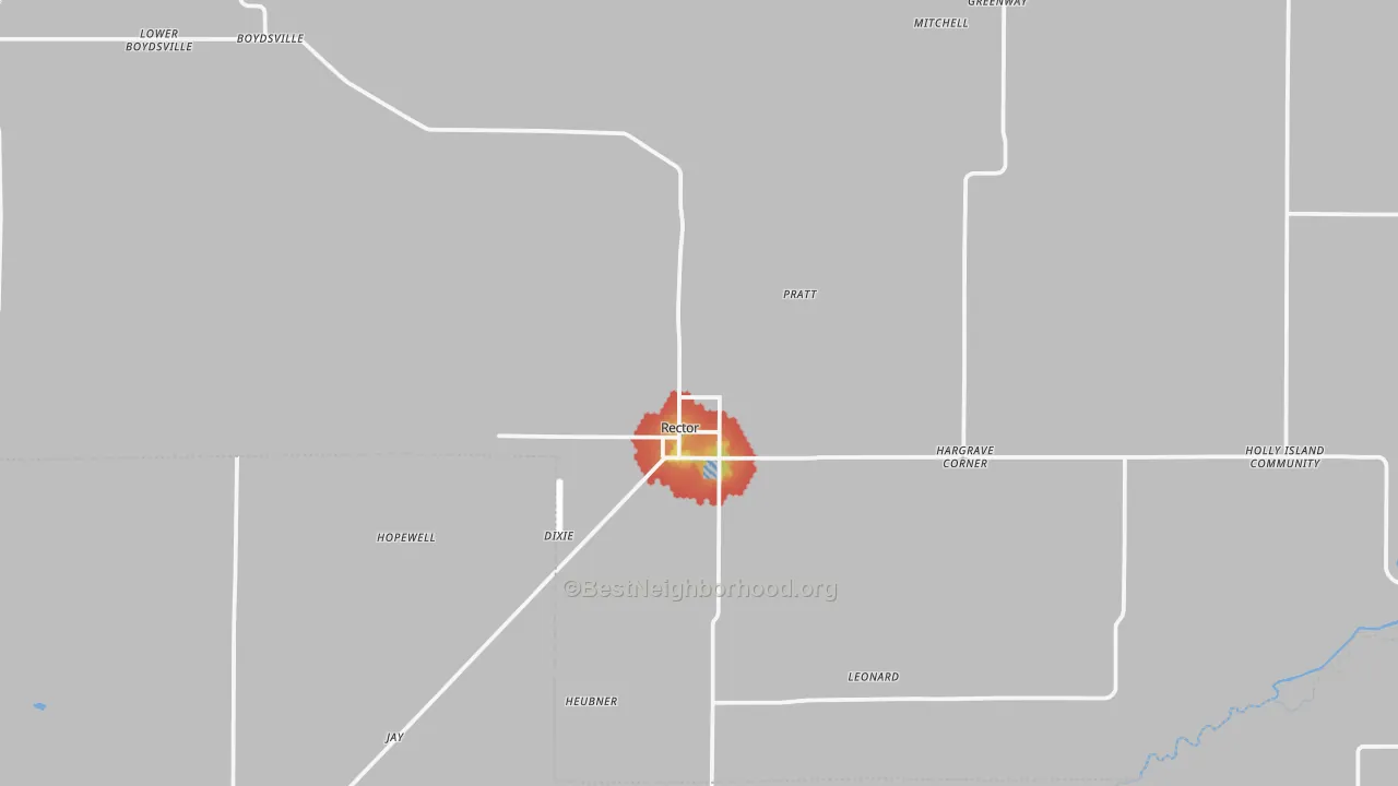Walk Grade map of Rector, AR, walkable areas in green and car-dependent areas in red