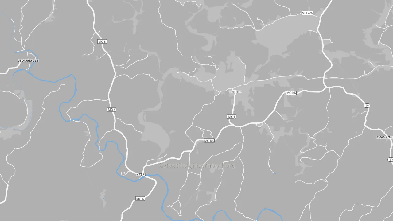 Walk Grade map of Rector, MO, walkable areas in green and car-dependent areas in red