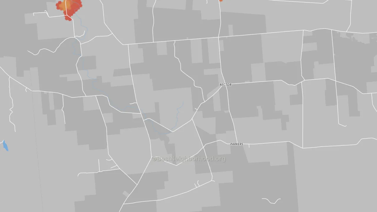 Walk Grade map of Rector, NY, walkable areas in green and car-dependent areas in red