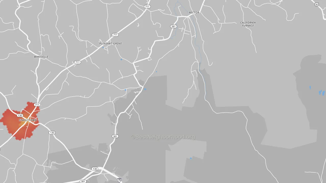 Walk Grade map of Rector, PA, walkable areas in green and car-dependent areas in red