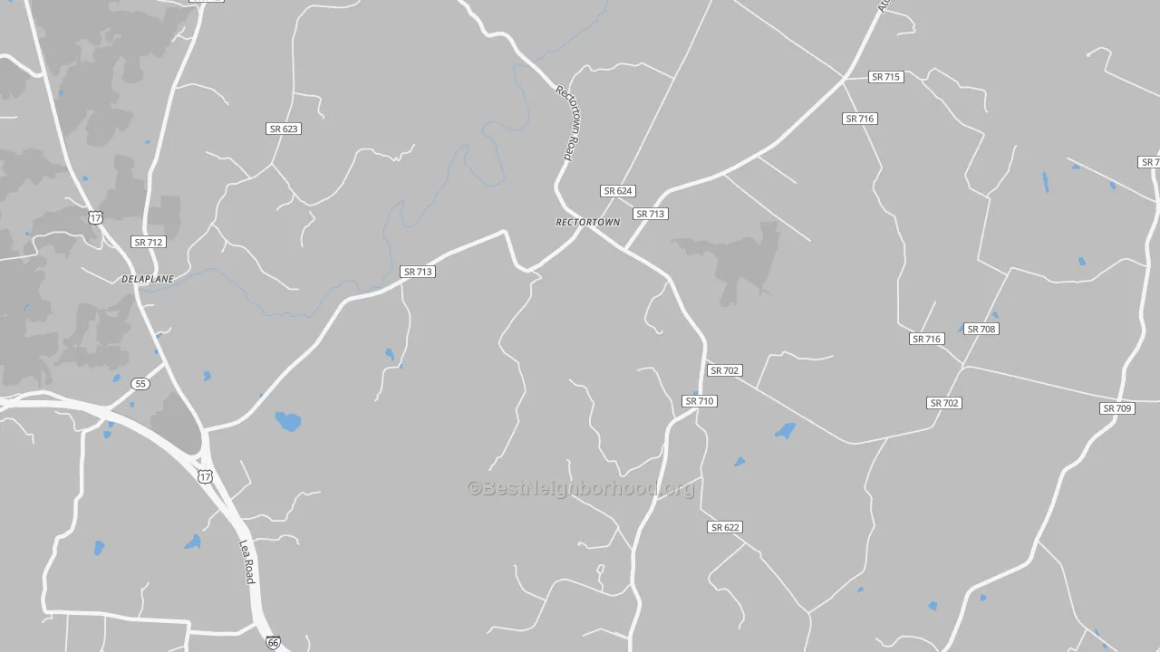 Walk Grade map of Rectortown, VA, walkable areas in green and car-dependent areas in red