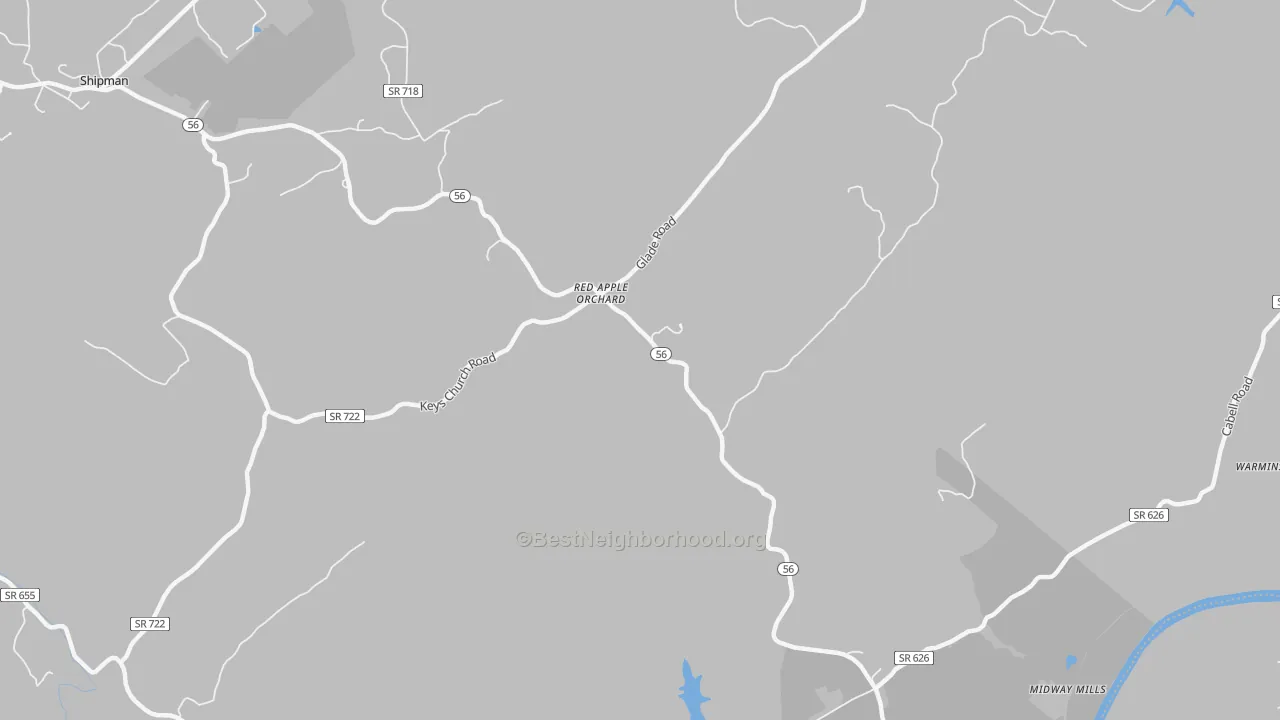 Walk Grade map of Red Apple Orchard, VA, walkable areas in green and car-dependent areas in red