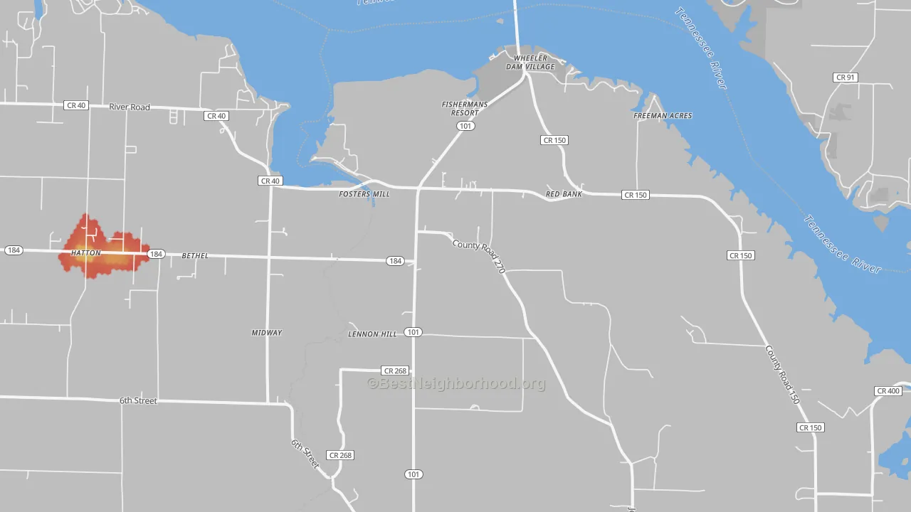Walk Grade map of Red Bank, AL, walkable areas in green and car-dependent areas in red