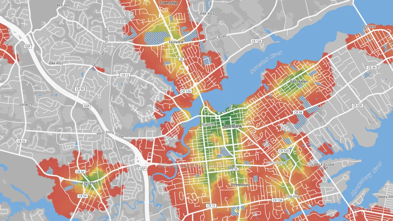 Walk Grade map of Red Bank, NJ, walkable areas in green and car-dependent areas in red