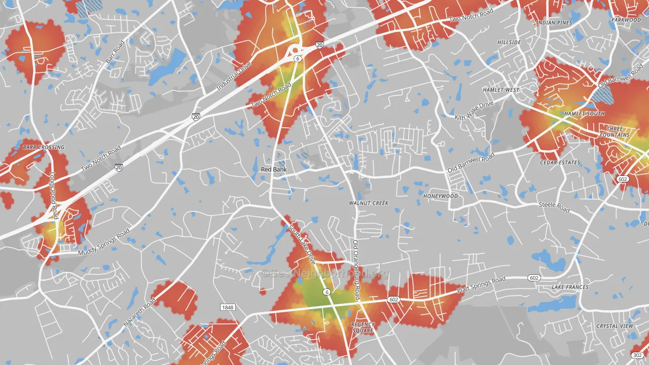 Walk Grade map of Red Bank, SC, walkable areas in green and car-dependent areas in red