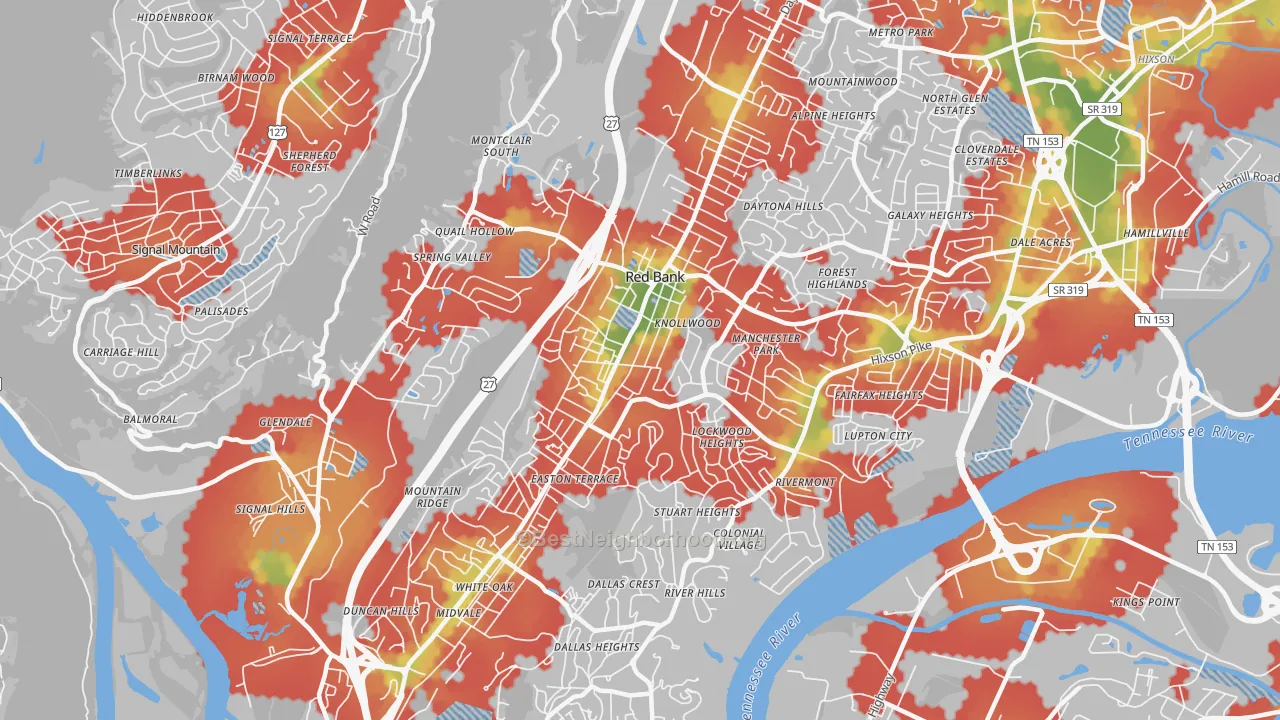 Walk Grade map of Red Bank, TN, walkable areas in green and car-dependent areas in red