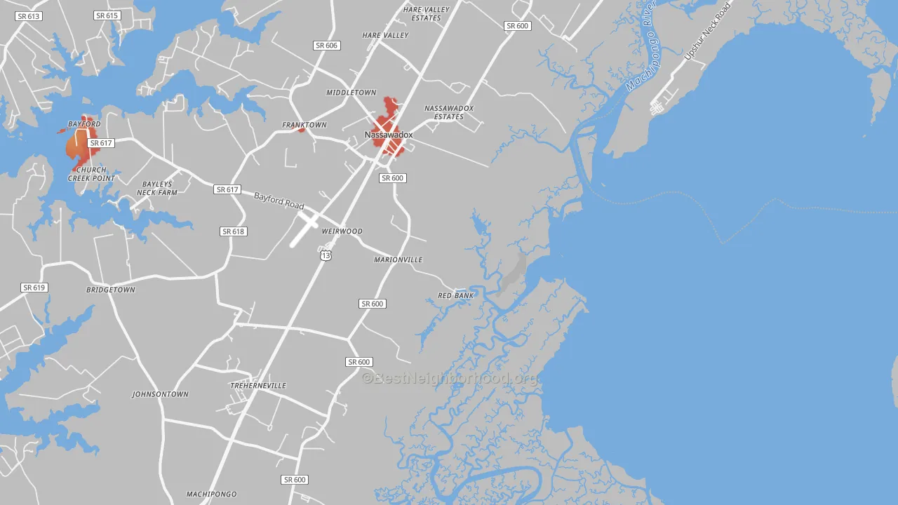 Walk Grade map of Red Bank, VA, walkable areas in green and car-dependent areas in red