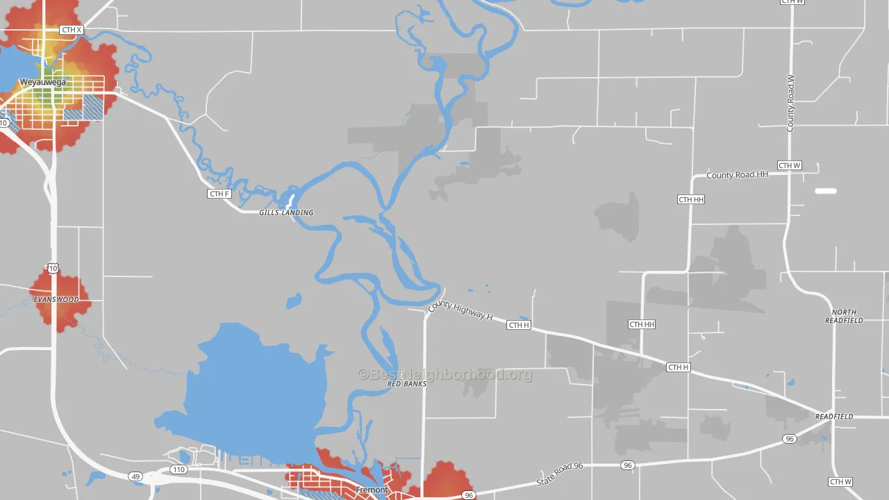 Walk Grade map of Red Banks, WI, walkable areas in green and car-dependent areas in red