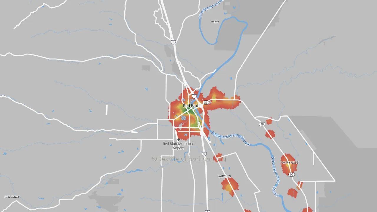 Walk Grade map of Red Bluff, CA, walkable areas in green and car-dependent areas in red