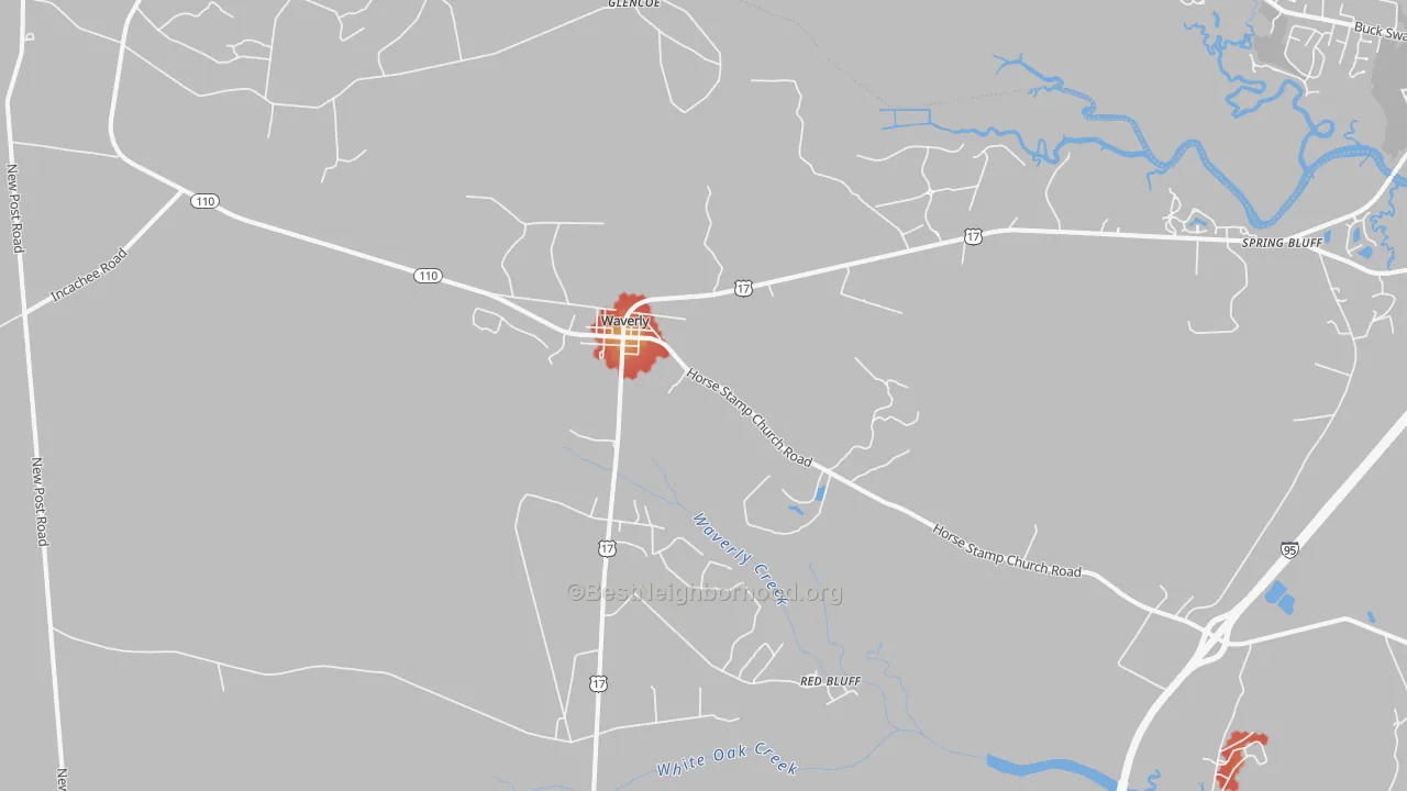 Walk Grade map of Red Bluff, GA, walkable areas in green and car-dependent areas in red