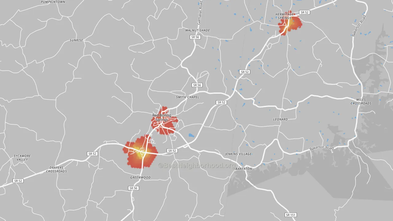 Walk Grade map of Red Boiling Springs, TN, walkable areas in green and car-dependent areas in red