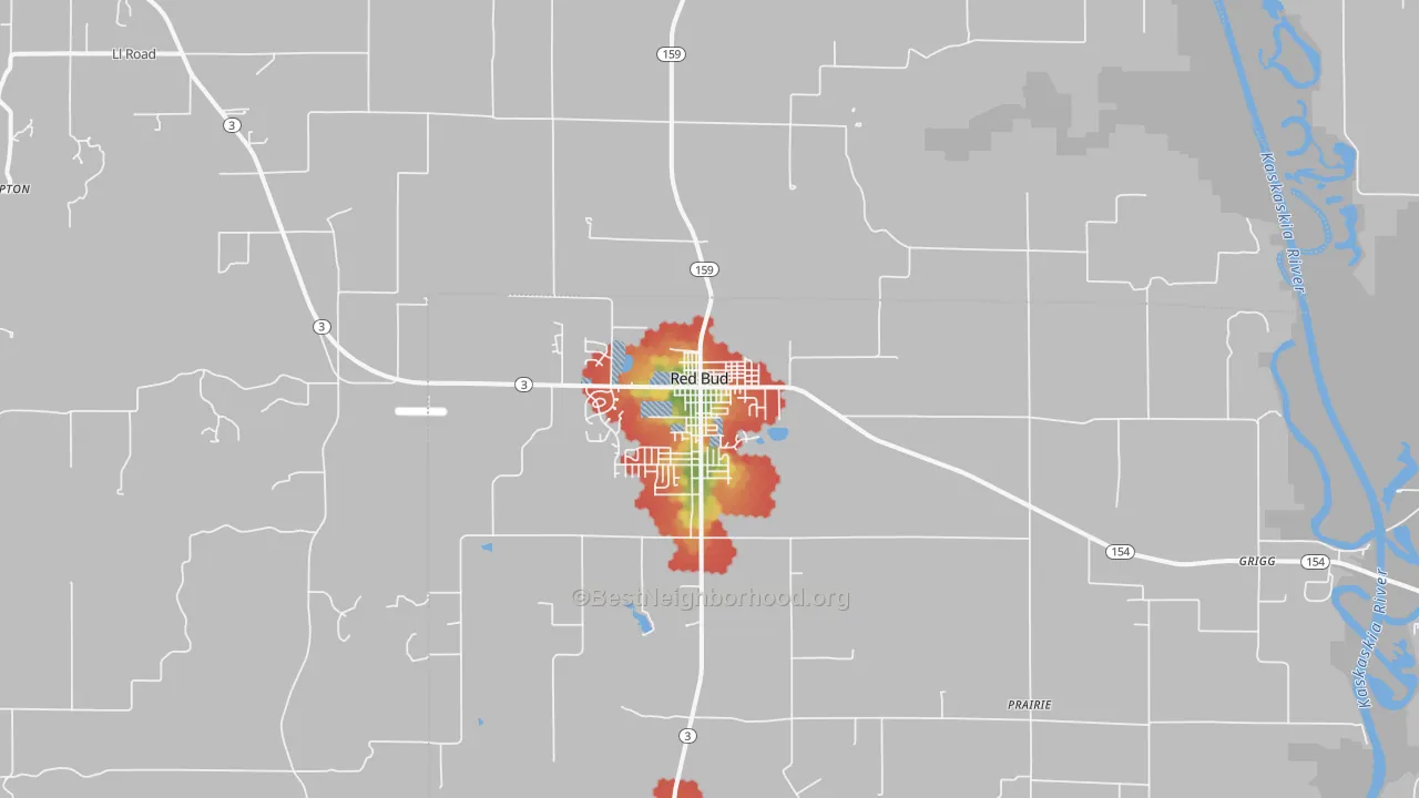 Walk Grade map of Red Bud, IL, walkable areas in green and car-dependent areas in red