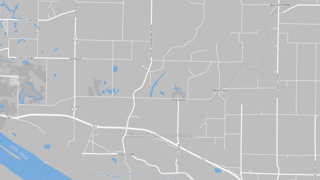 Walk Grade map of Red Bush, IN, walkable areas in green and car-dependent areas in red