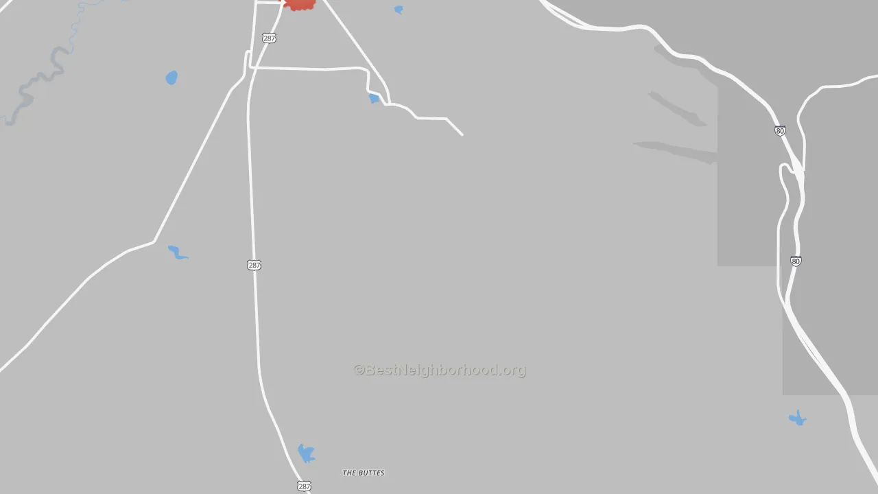 Walk Grade map of Red Buttes, WY, walkable areas in green and car-dependent areas in red