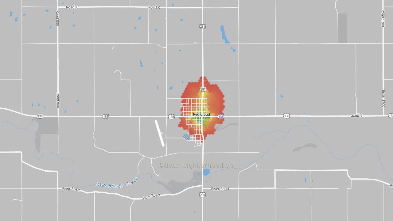 Walk Grade map of Red Cloud, NE, walkable areas in green and car-dependent areas in red