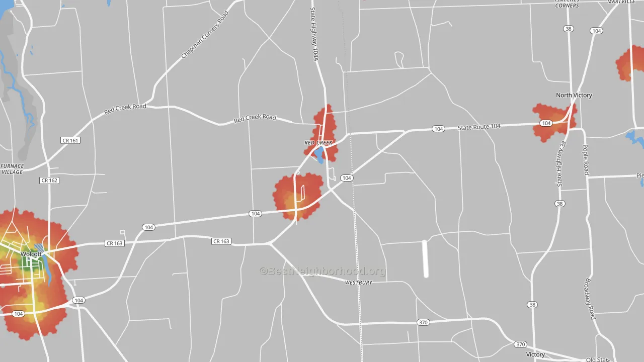 Walk Grade map of Red Creek, NY, walkable areas in green and car-dependent areas in red