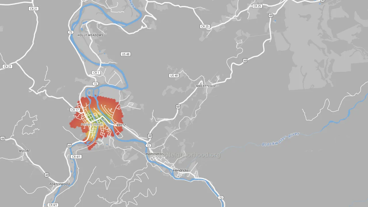 Walk Grade map of Red Creek, WV, walkable areas in green and car-dependent areas in red
