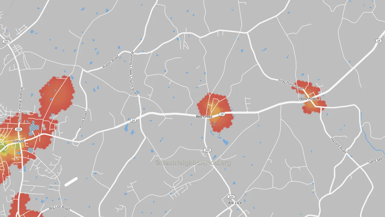 Walk Grade map of Red Cross, NC, walkable areas in green and car-dependent areas in red