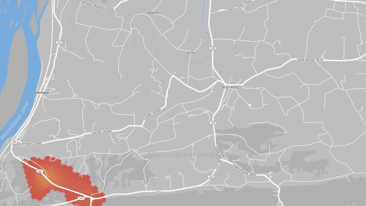 Walk Grade map of Red Cross, PA, walkable areas in green and car-dependent areas in red
