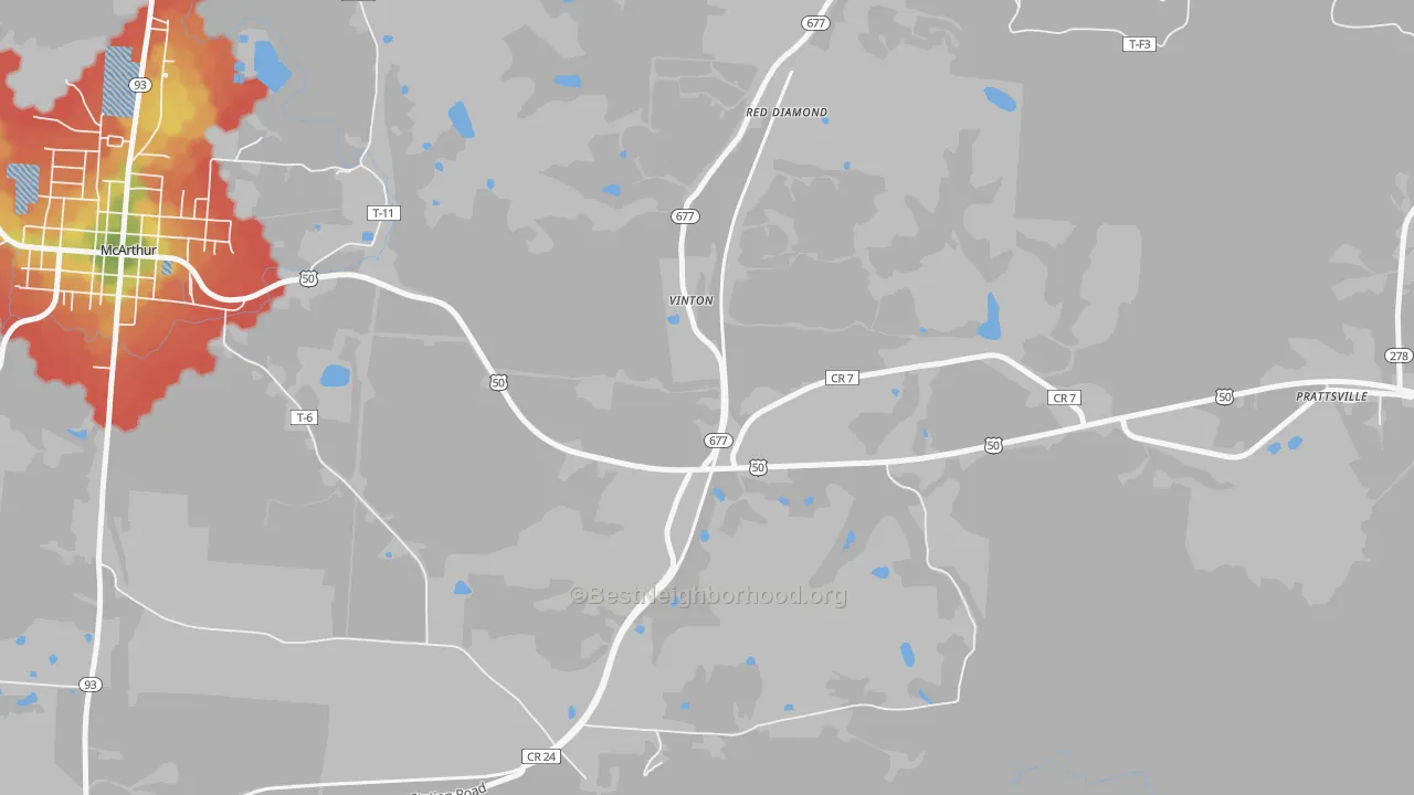 Walk Grade map of Red Diamond, OH, walkable areas in green and car-dependent areas in red