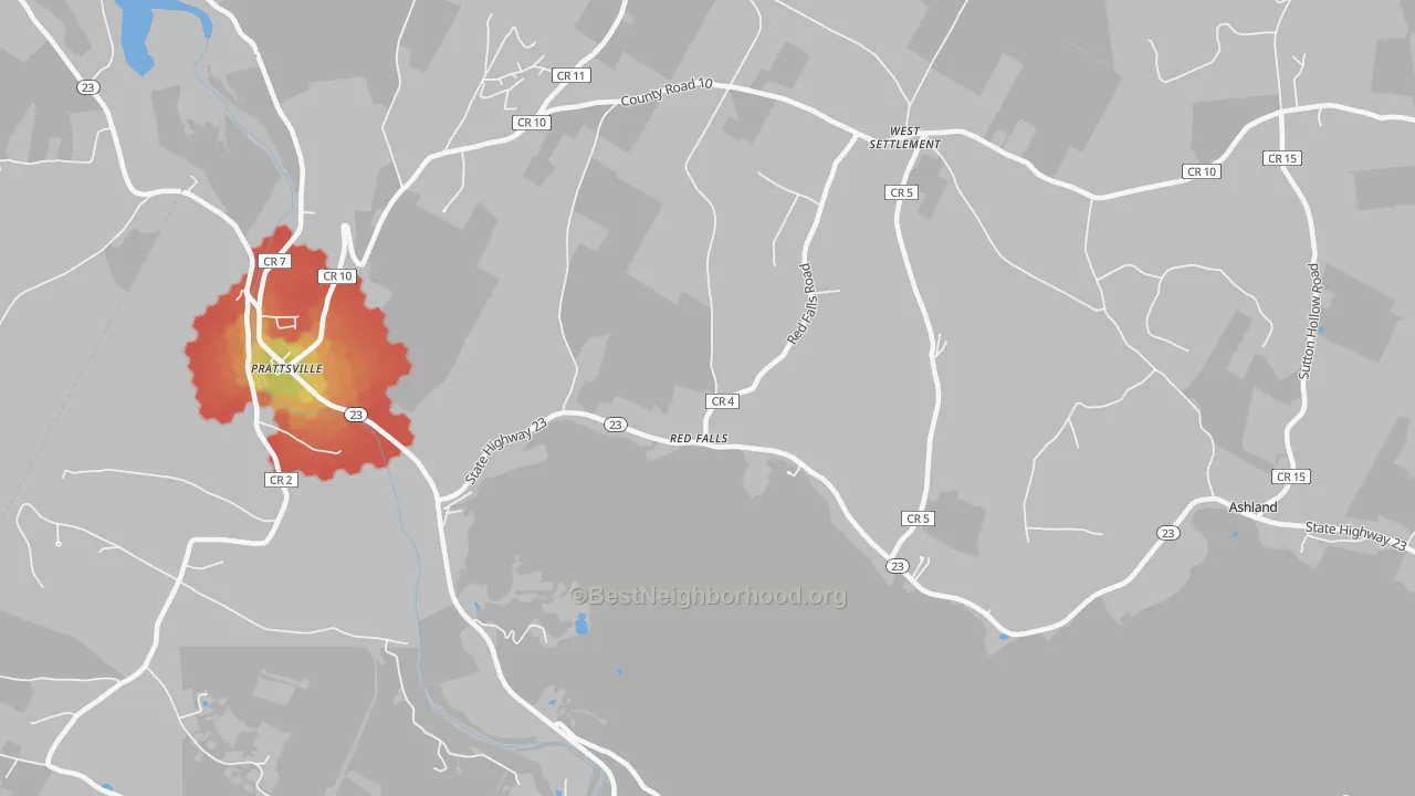 Walk Grade map of Red Falls, NY, walkable areas in green and car-dependent areas in red