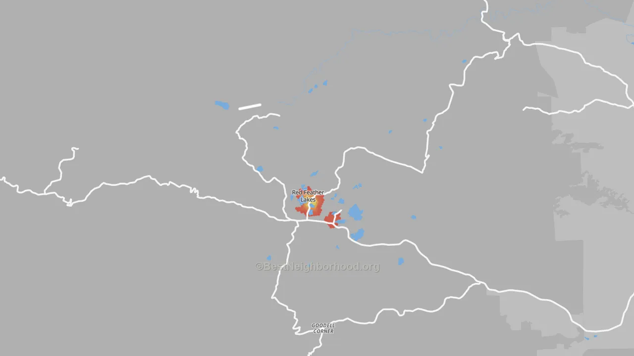 Walk Grade map of Red Feather Lakes, CO, walkable areas in green and car-dependent areas in red