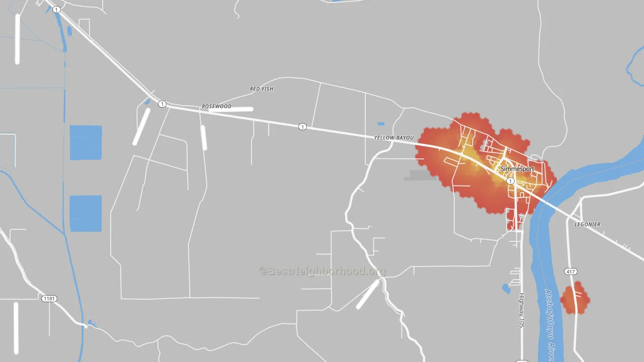 Walk Grade map of Red Fish, LA, walkable areas in green and car-dependent areas in red